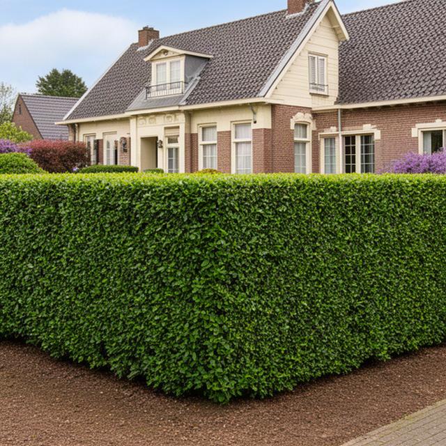 Herstelde haag van twee meter hoog met rechte bovenlijn bij dezelfde woning